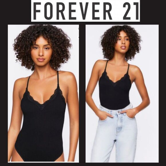 Forever 21 Black Velour Bodysuit with Deep V-Neck Lace, Cross Back Straps - Picture 1 of 11